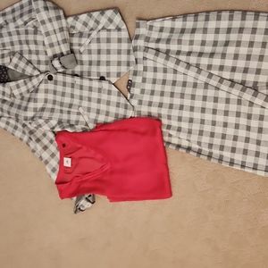 Sharp looking jacket with matching skirt and silky sleeveless top. Popular plaid